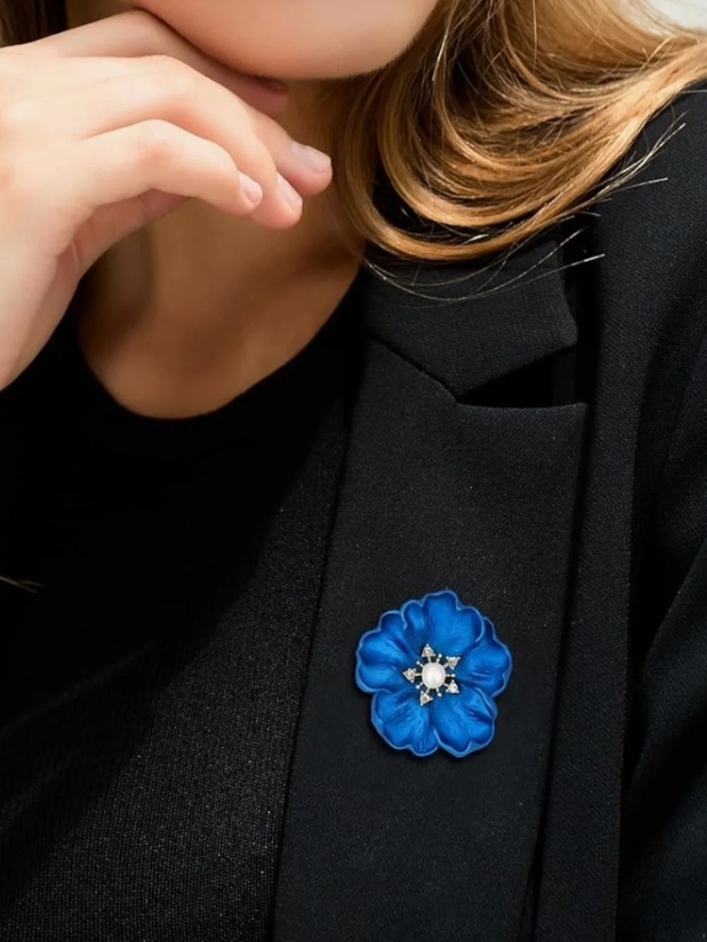 Anthropologie Cobalt Blue Floral Brooch with Rhinestone Center